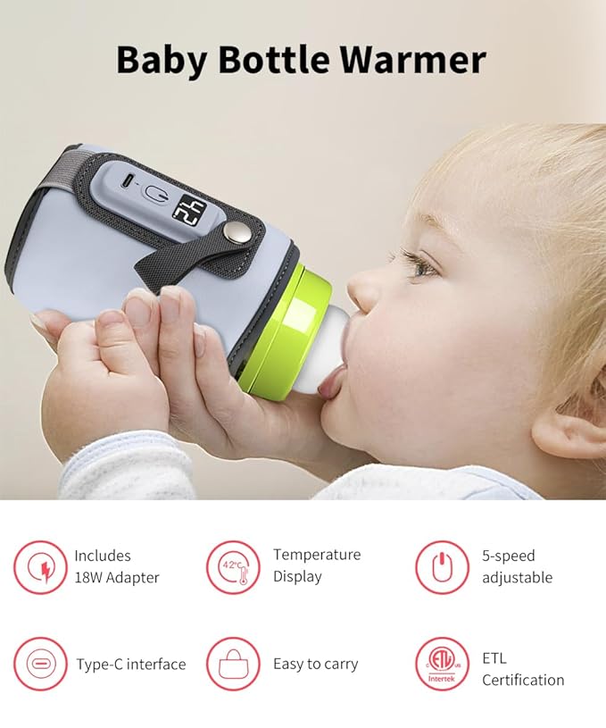Bottle Warmer, Baby Milk Warmer with 5-Speed Temperature Control, Stable Constant Warming with LED Display, Requires Power Source, USB Powered with 18W Adapter, Suitable for Home and Travel