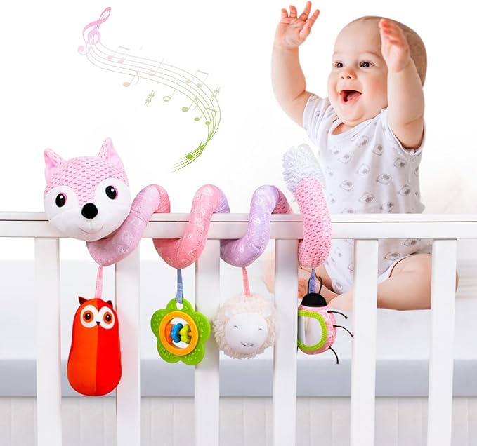 Jollybaby Crib Stroller Car Seat Toys for Baby 0-3-6-9-12 Months, Tummy Time Hanging Sensory Toys for Newborn with Music Box and Teether, Spiral Carseat Toy for Infant Boys Girls Gifts (05-Pink Fox)
