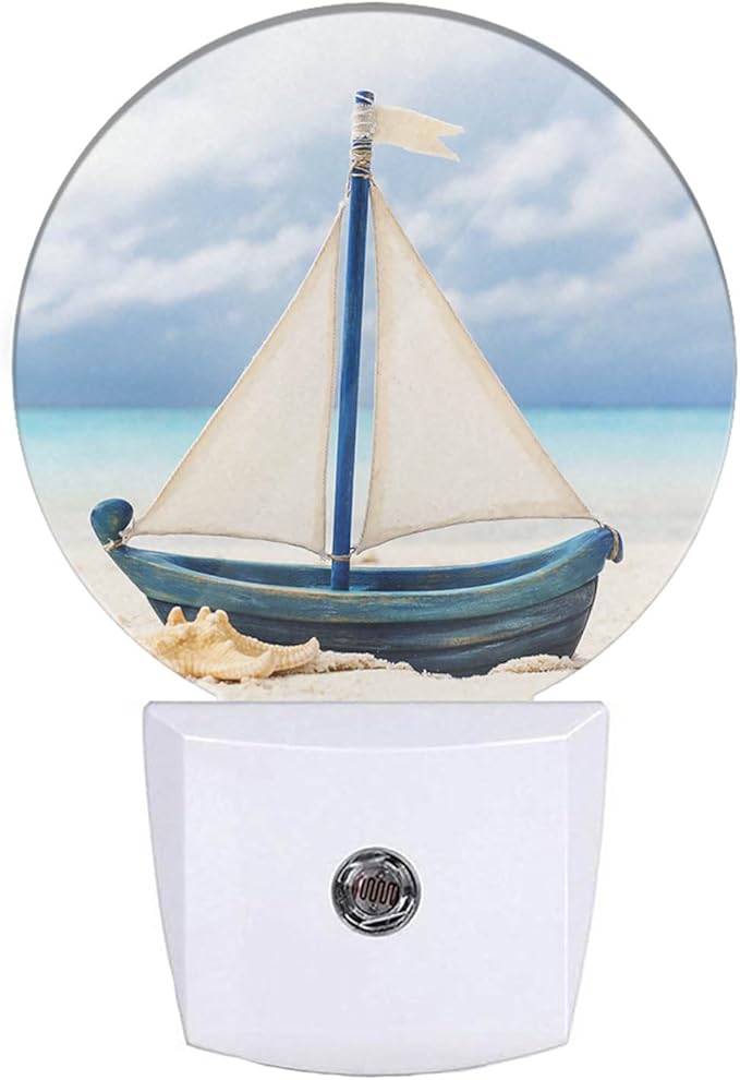 EKOBLA Nautical Night Lights Plug into Wall Sea Boat Ship on Beach Night Light LED Round Lamp for Coastal Room Decorations, 0.5W Nightlight Sleep Friendly