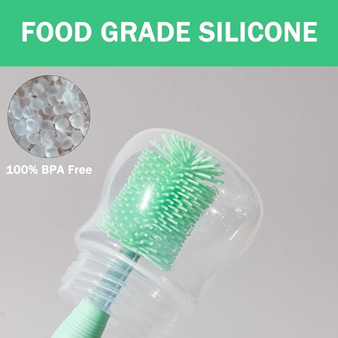 Travel Bottle Brush, 6-in-1 Portable Travel Bottle Cleaner Kit with Small Bottle Brush Built in Drying Rack, Nipple Brush, Straw Brush, Soap Dispenser, for Baby Bottles Under 8 OZ, BPA-Free(Green)