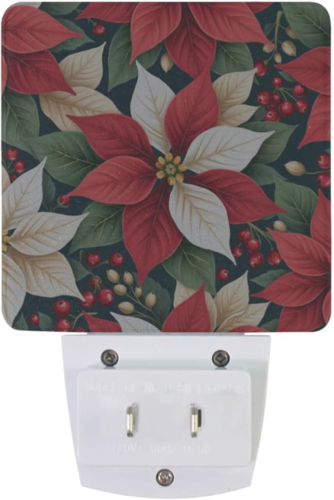 Aslsiy Night Light for Kids Red White Poinsettias Holly Leaves (5) Plug in Wall Lamp LED Dusk to Dawn Sensor Energy Saving Nightlight for Boys Girls Men Women