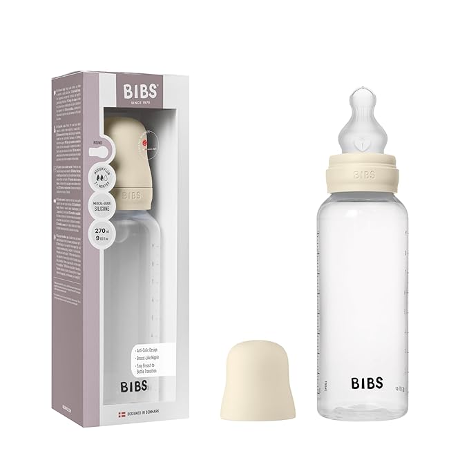 BIBS Baby Bottle 9 oz / 270 ml Silicone Nipple - Anti-Colic, BPA-Free, Round Nipple, Medium Flow, Lightweight & Easy to Clean, Suitable for Newborns 0+ Years - Ivory