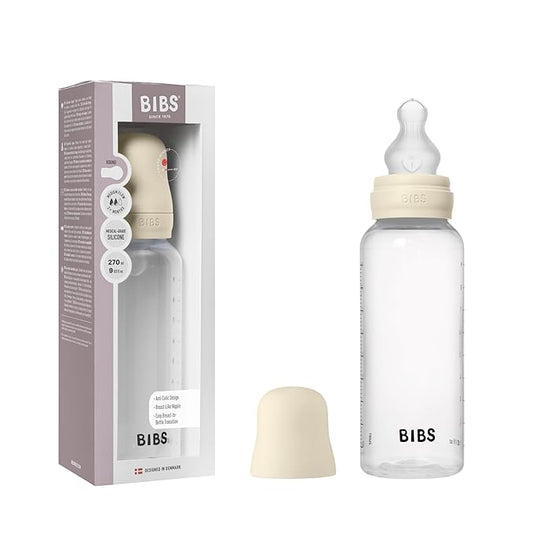 BIBS Baby Bottle 9 oz / 270 ml Silicone Nipple - Anti-Colic, BPA-Free, Round Nipple, Medium Flow, Lightweight & Easy to Clean, Suitable for Newborns 0+ Years - Ivory