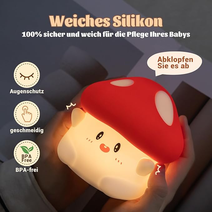 Hug Mushroom Lamp, Cute Mushroom Night Light, 2 Levels Dimmable Night, LED Squishy Night Light for Kids Sleep, Rechargeable Bedside Touch Silicone Lamp, Unique Dorm Decor Gift Toy