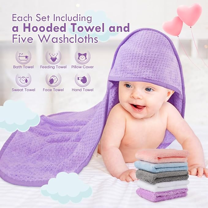 Orighty Baby Hooded Towel with Five Washcloths, 28 x 28 Inch Super Soft Bath Towel with Hood for Babies, Infant, Newborn Essential - Ideal Baby Stuff Registry for Boys and Girls (Purple)