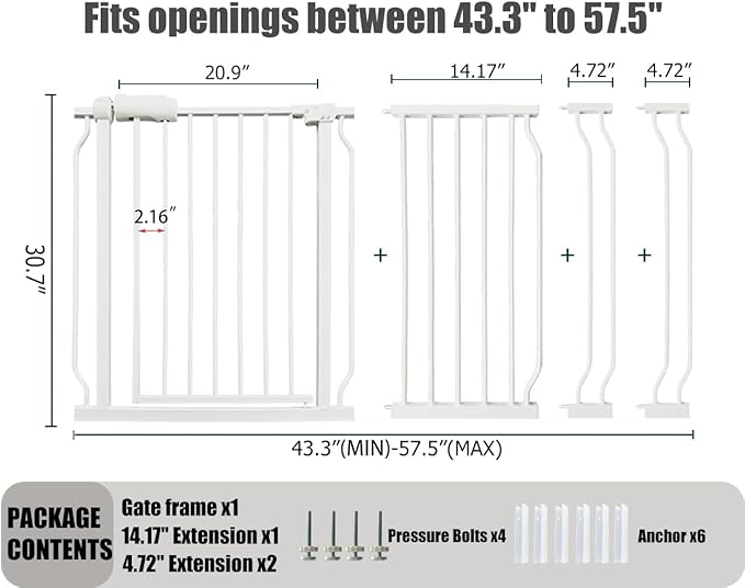Extra Wide Baby Gate, 52.7-57.5 Inch, Large Walk Through, White Metal, Pressure Mounted, Long Safety Dog Gate for House Doorways & Stairs, 30 Inch Tall