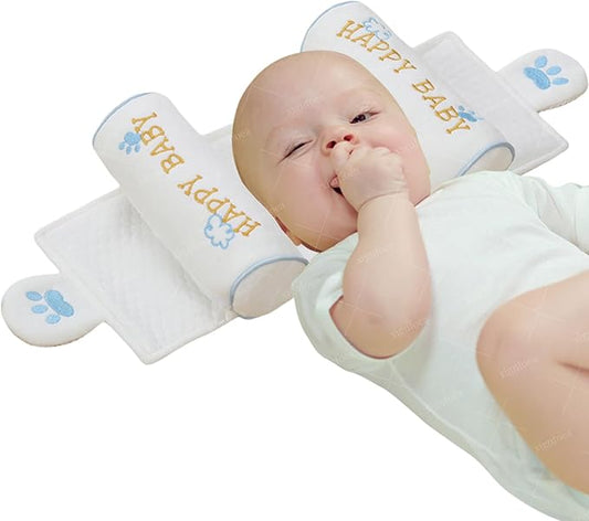 Kariney Baby Pillow, Compariston All-Season Breathable Pillow for Baby Development, Organic Cotton Adjustable Infant Head Cushion (Blue,Cute)