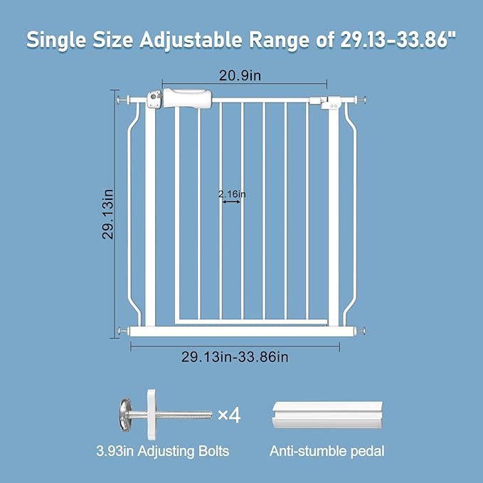 ALLAIBB Narrow Walk Through Baby Gate Auto Close Tension White Metal Child Pet Safety Gates with Pressure Mount for Stairs,Doorways and Baniste(29.13-33.86"/74-86cm)