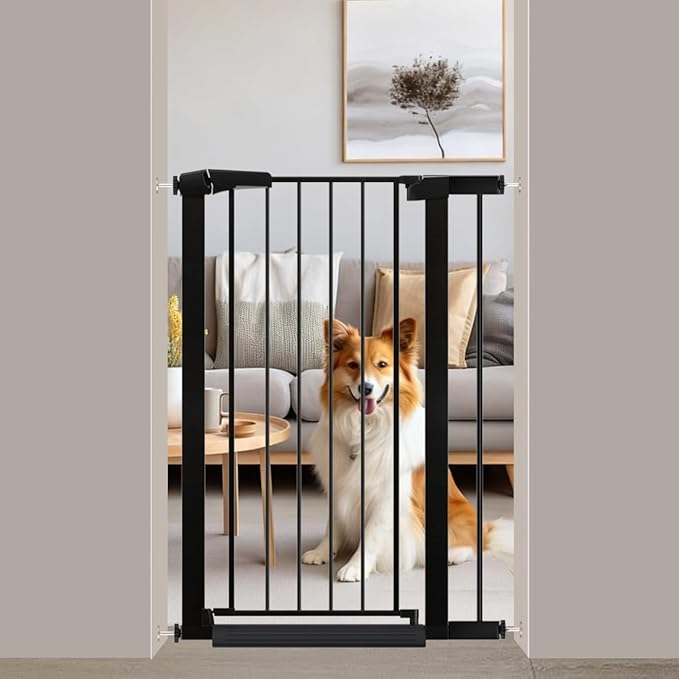Fairy Baby 26.8"-29.5" Inch Narrow Baby Gate for Small Doorways Stairs, 38" Extra Tall Dog Gate Indoor for Kids or Pets, Metal Safety Gate Pressure Mounted No Drilling Walk Through, Black