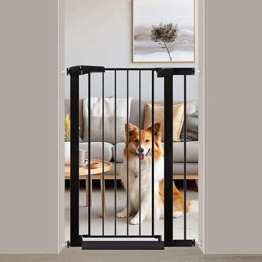 Fairy Baby 26.8"-29.5" Inch Narrow Baby Gate for Small Doorways Stairs, 38" Extra Tall Dog Gate Indoor for Kids or Pets, Metal Safety Gate Pressure Mounted No Drilling Walk Through, Black