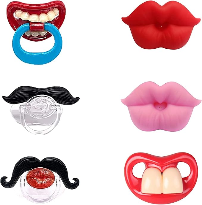6PCs Funny Pacifier Infant Pacifier Cute Kissable Lips and Gentleman Mustache Teeth Pacifier Soft Silicone Cute Pacifier Design with Kiss Lip for Babies and Toddlers Shower Gift Unisex-BPA Free