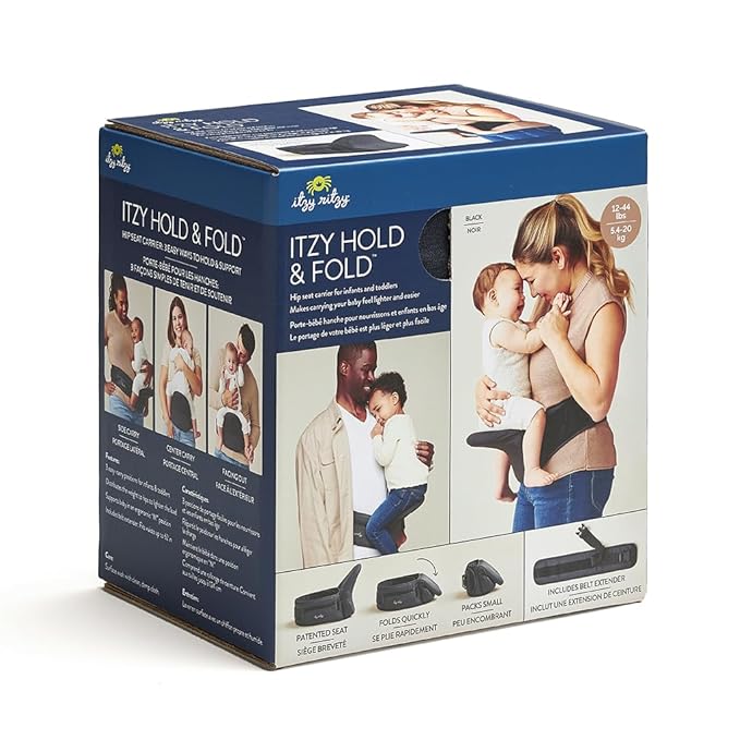 Itzy Ritzy Hip Seat Baby Carrier - 3 Ways to Hold & Support Babies and Toddlers Between 12-44 Pounds; Fits Up to 62" Waist (Black)