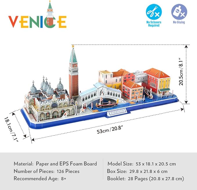 CubicFun 3D Puzzle for Adults Kids Bavaria Cityline Venice Italy Building Model Kits Toys Gift for Men and Women, San Marco Basilica, Rialto Bridge, Venice Grand Canal and Bridge of Sighs 126 Pieces