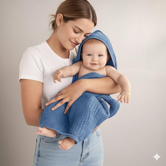 Muslin Hooded Baby Towels for Newborns, 32"x32", 100% Cotton – 6 Layers Super Soft Absorbent Breathable, Baby Bath Towel, Toddler Bath Towel – Pack of 2