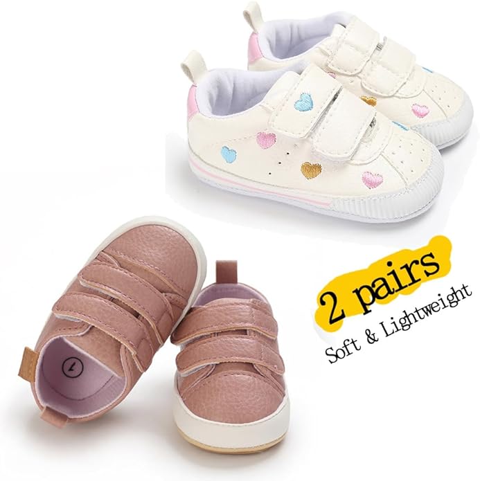 2Pairs Baby Shoes,Boys Girls Non-Slip Rubber Sole Sneakers,Unisex Infant Soft Lightweight First Walking Crib Shoes