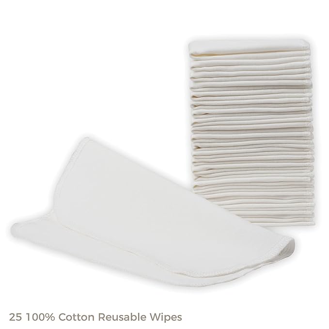 Reusable Baby Wipes, 25 Washable Cloth Wipes per Pack, 100% Cotton, Soft and Gentle for Baby's Skin, by Nora's Nursery