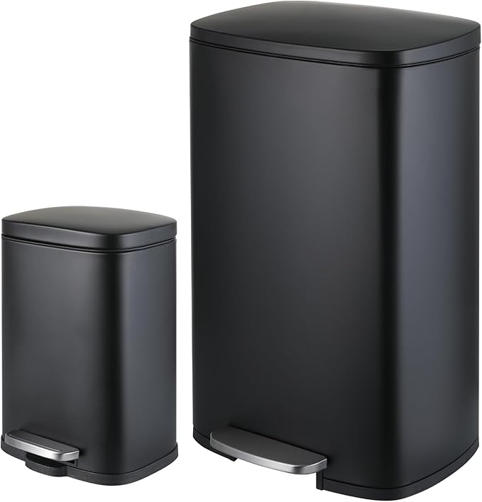 13.2+1.3 Gallon Trash Can Combo Set, Stainless Steel Garbage Bin with Pedal, Removable Inner Waste Bucket, Anti-Fingerprint, Soft-Close Locking Lid Dustbin for Kitchen, Bathroom, Office
