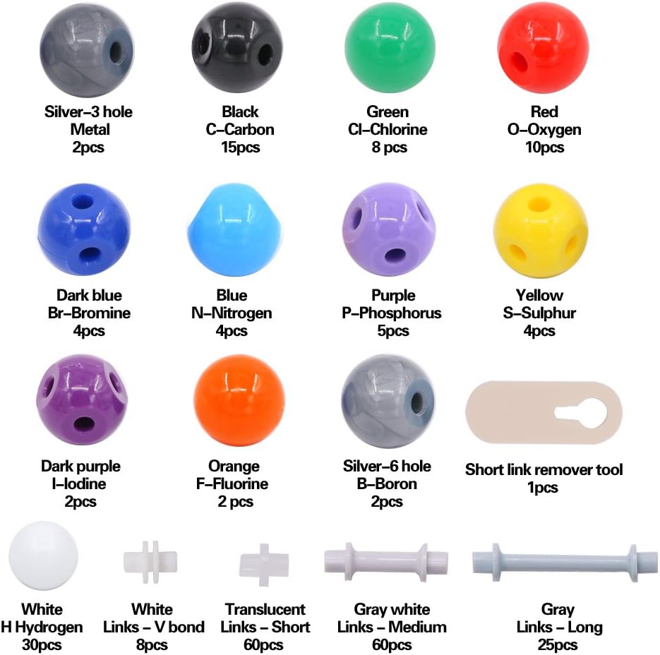 Swpeet 240 Pcs Organic Chemistry Molecular Model Student and Teacher Kit, Chemistry Molecular Model Student and Teacher Set - 86 Atoms & 153 Bonds & 1 Short Link Remover Tool
