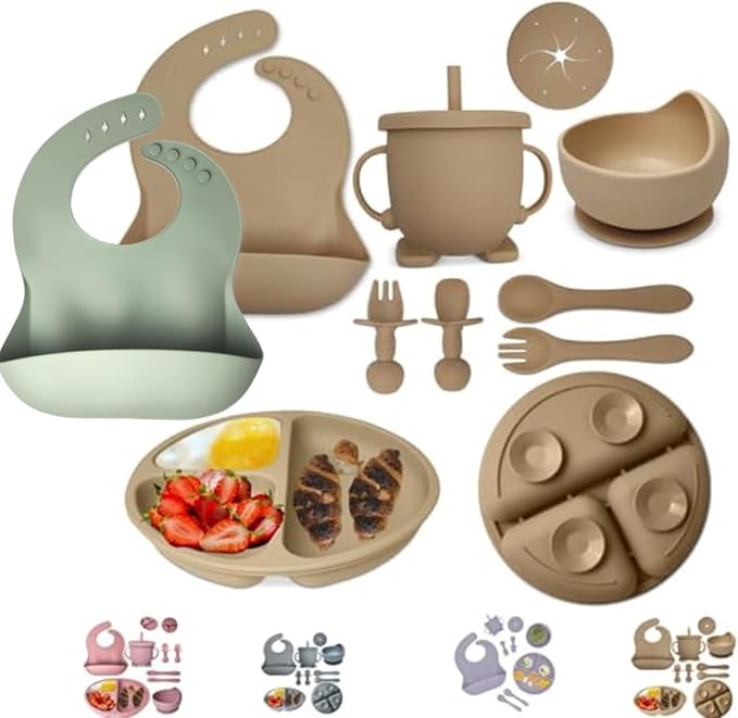 Baby Feeding Set 10-Piece | Baby Led Weaning Utensils Set Includes Suction Bowl and Plate, Baby Spoon and Fork, Sippy Cup, Straw, Lid & 2Bibs | Baby Feeding Supplies (B-Beige)