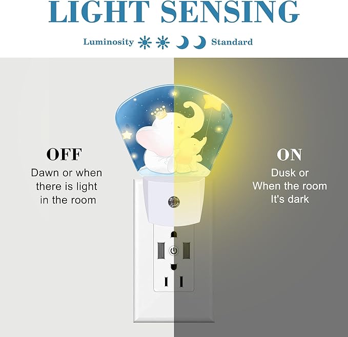 Cute Elephant Mother and Child Night Light for Kids, Elephant Sitting in Moon LED Night Light Plug into Wall with Dusk to Dawn Sensor for Girls Boys Bedroom, Kitchen, Bathroom, Stairs Decor
