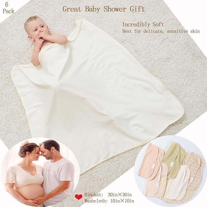 6 Pack 1 Baby Hooded Towel and 5 Washcloths Set, Premium Ultra Soft Reusable Organic Cotton Baby Bath Towel for Newborns, Infants, Toddlers, Unisex Babies' Gifts, Brown 30 x 30 Inch