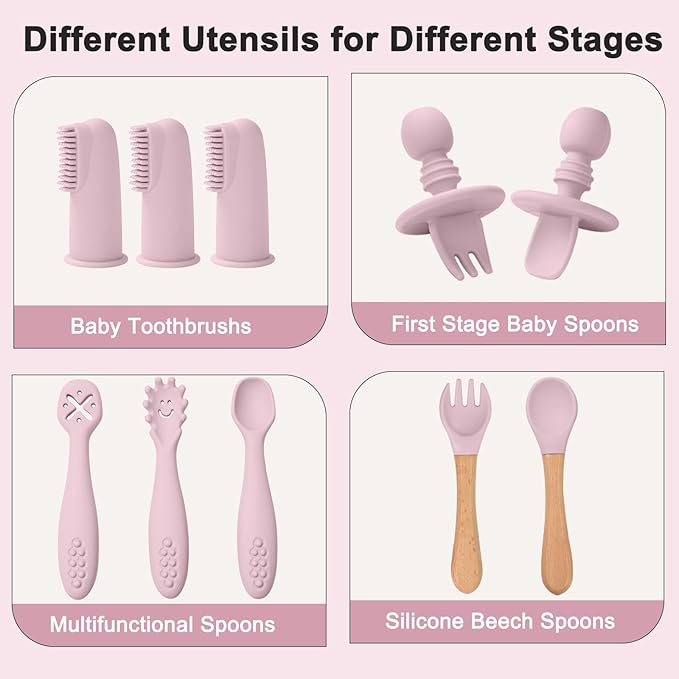 LITTLE RAWR Silicone Baby Feeding Set 14 Pcs,Baby Led Weaning Supplies, Baby Spoons Suction Bowl Divided Plate Bib Cup Finger Brush,First Stage Solid Food Eating Utensils - 6+ Months(Light Pink)