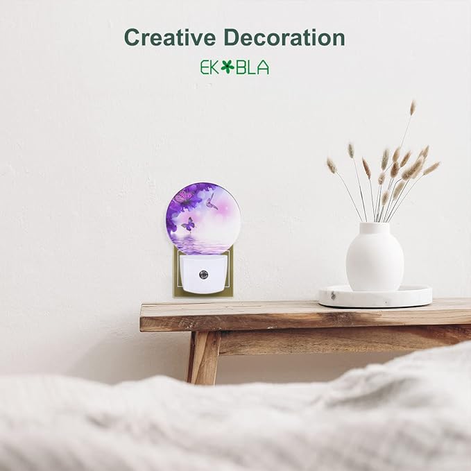 EKOBLA Flower Butterfly Night Light - Purple LED Wall Plug-in Nightlights with Auto Sensor, Dusk to Dawn Lighting for Bedroom & Nursery (0.5W Sleep-Friendly Glow)