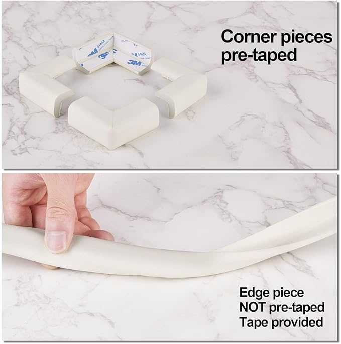 Edge Corner Protector Baby Proofing (Large 20ft Edge 8 Corners), Durable, High Density Rubber Foam, Fireplace Stair Furniture Safety Bumper Guard, 3M Double-Sided Tape, White