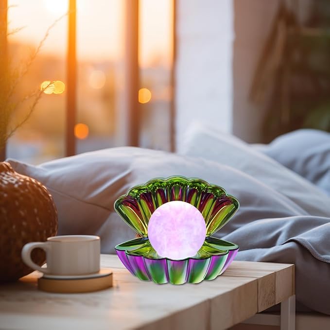 Shell Pearl Beach Themed Night Light, RGB 8 Colors Changing Mood Shell Pearl Lamps, Bedside LED Clamshell Portable Night Lights for Bar (Electroplating Colorful)