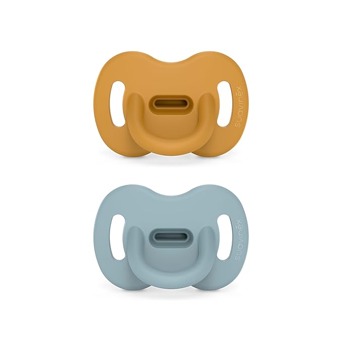 Color Essence SX PRO Silicone Baby Pacifier 2Pk, Made with 100% Soft Silicone, Baby Essentials Perfect for Breastfeeding Babies, Designed in Spain, 6-18 Mths, Mustard/Blue