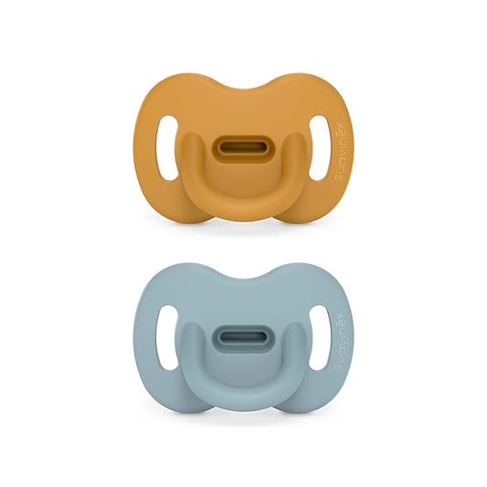 Color Essence SX PRO Silicone Baby Pacifier 2Pk, Made with 100% Soft Silicone, Baby Essentials Perfect for Breastfeeding Babies, Designed in Spain, 6-18 Mths, Mustard/Blue