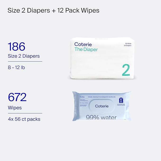 Coterie Baby Wipes + Diapers Kit, Size 2 Diapers (186 Count) & 12 Pack (672 Count) Baby Wipes with 99% Water, Plant Based Materials, Hypoallergenic for Sensitive Skin