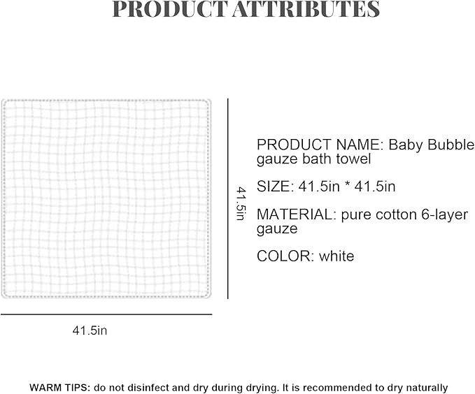 Baby Muslin Towel Blankets- 3 Pack Newborn White Gauze Towel Odor Free Soft Baby Bath Towel 6 Layers for Boys and Girls 41.5"x 41.5"