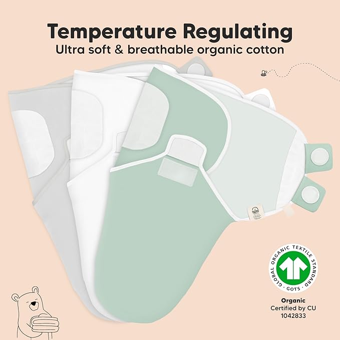 3-Pack Organic Baby Swaddle Sleep Sacks - Swaddles for Newborns, Infant 3-6 Months, Baby Girls, Boys, Soft & Snug Newborn Sleep Sack, Nursery Swaddling Blankets (Sage, L)