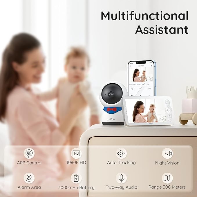 BOIFUN 5" Baby Monitor, 1080P WiFi Baby Camera Via App and Screen Control, Night Vision, 2-Way Talk, Cry& Motion Detection, Record & Playback, Lullabies, Phone App, Works with iOS, Android
