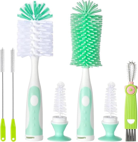 Baby Bottle Brush, 5 in 1 Bottle Cleaner Brush Set with Nylon and Silicone Bottle Brush, Straw Brush, Bottle Brush with Nipple Cleaner and Suction Cup, Cup Lid Cleaner Brushes Kit, BPA-Free (Green)