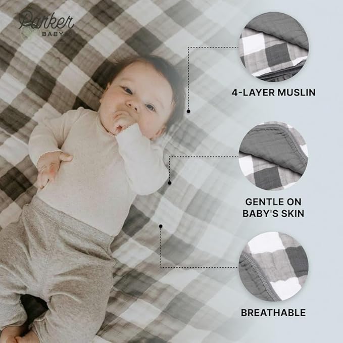 Parker Baby Muslin Blanket | 100% Soft Cotton Toddler Quilt & Baby Muslin Swaddle | Gender Neutral Design 47" x 47" Blanket