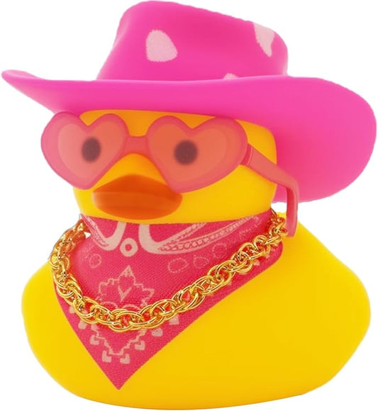 Quackly Pink Cowboy Rubber Duck, Car Dashboard Decoration Ducks with Cowboy Hat Necklace Sunglasses, Pink White