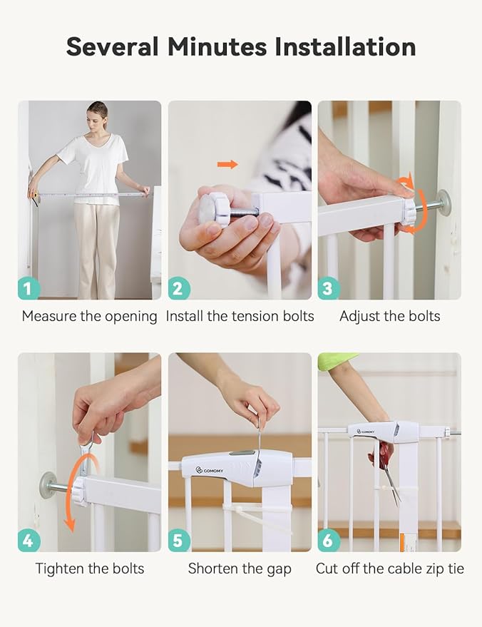 COMOMY 30" Tall Baby Gate for Stairs Doorways, Fits Openings 29.5" to 43.3" Wide, Auto Close Extra Wide Dog Gate for House, Pressure Mounted Easy Walk Through Pet Gate with Door, White