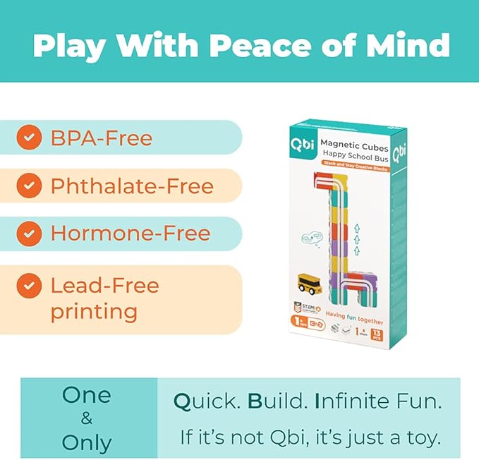 QBI Magnetic Blocks STEM Toys for Toddlers Aged 1+ Year Old Boys & Girls｜3D Colorful Magnetic Building Blocks with School Bus｜Magnet Block for Kids｜Educational & Montessori Preschool Kids Toy (13PCS)