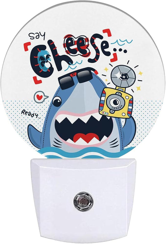 Cute Shark Night Light Ocean Animals Night Lights LED Lamp Round Plug into Wall Nightlight with Dusk to Dawn Sensor Home Hallway Stairway Kitchen Decor