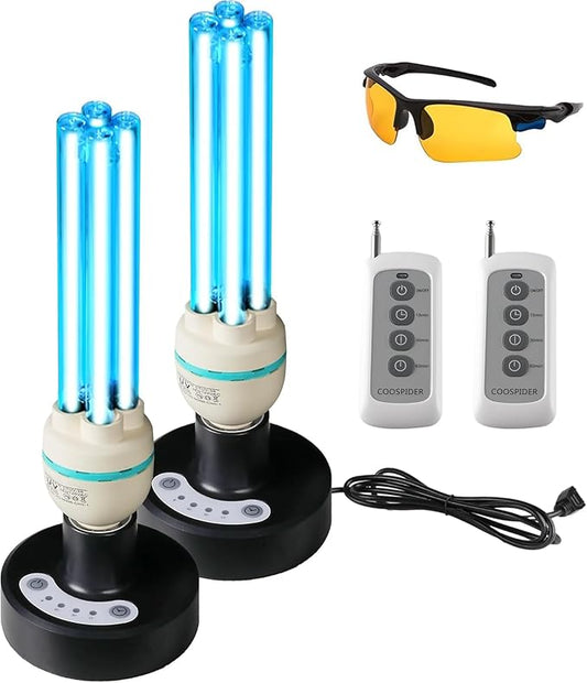 36Watts UV Sanitizer Lamp 2pack 72w with Remote Control Powerful Ozone UVC Light with E26 Base for Basement/Bedroom/Kitchen/Office/Storehouse/Car, 3-Gear Timer 110V