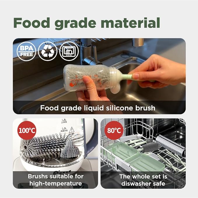 Travel Bottle Brush, Travel Bottle Cleaner Kit with Bottle Drying Rack, Transparent Green