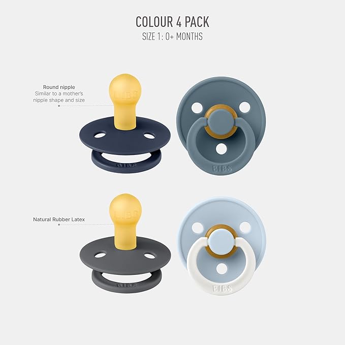 BIBS Colour Soother 4-Pack | BPA Free Dummy Pacifier | Round Nipple | Natural Rubber Latex | Made in Denmark | Size 0-6 Months | Petrol Glow Mix