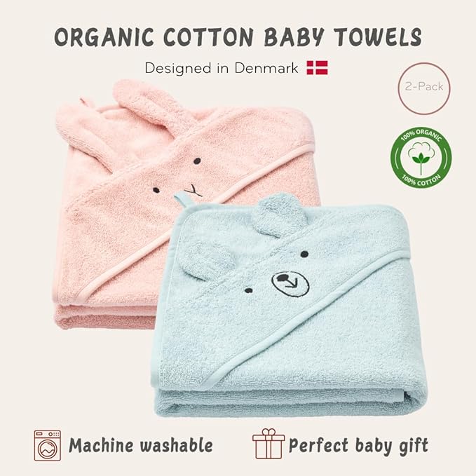 Baby Hooded Towel – Organic Cotton Baby Bath Towels, 32" x 32" Super-Soft and Absorbent Baby Towels for Newborn 2-Pack (Rabbit Blush/Bear Baby Blue)
