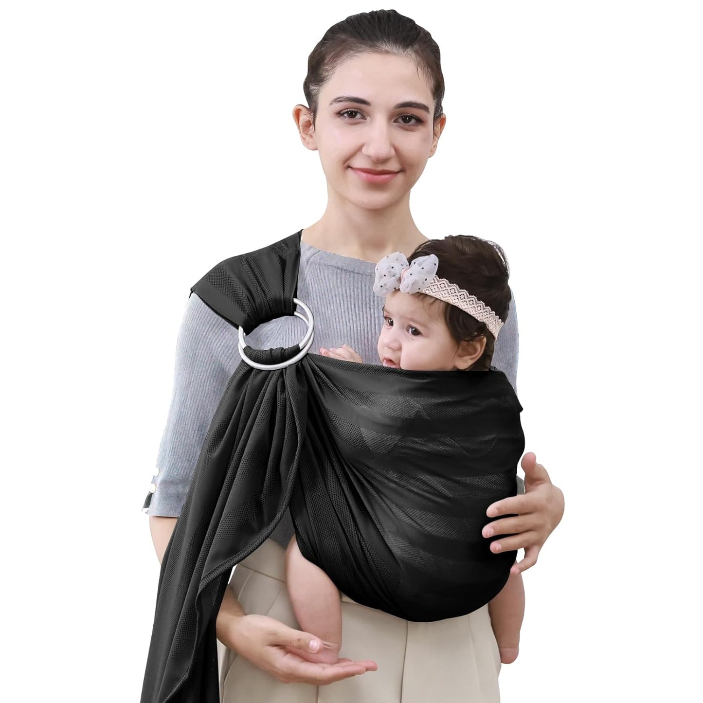CUBY Water Baby Sling Carrier Lightweight Breathable Mesh Baby Wraps Carrier Adjustable Ring Sling Quick-Drying Baby Carriers Sling for Newborn Toddler Summer Swimming Pool Beach (Black Stripe)