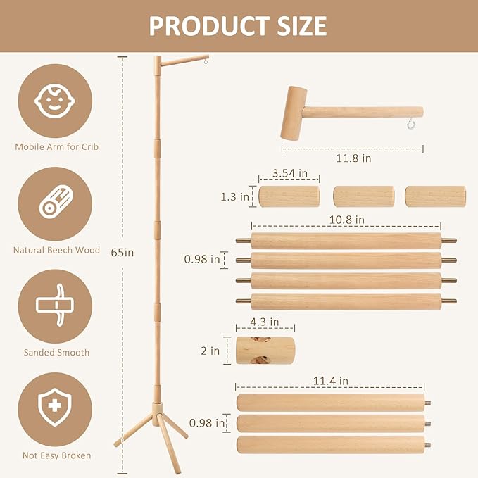 Floor-Standing Crib Mobile Arm with Music Box - 65 Inch Wooden Mobile Arm for Crib - Crib Mobile Motor - Volume Control - 35 Lullabies - Wooden Nursery Decor - Baby Mobile Hanger