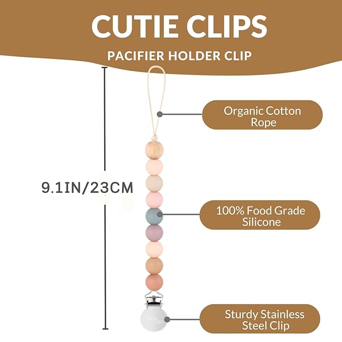 2 Pack Pacifier Clips, Silicone Pacifier Clip for Baby Boys and Girls, Baby Pacifier Strap with Silicone Beads, Soother Dummy Holder, Pacifier Holder, Keeps Pacifier Clean (Olive/Cream)