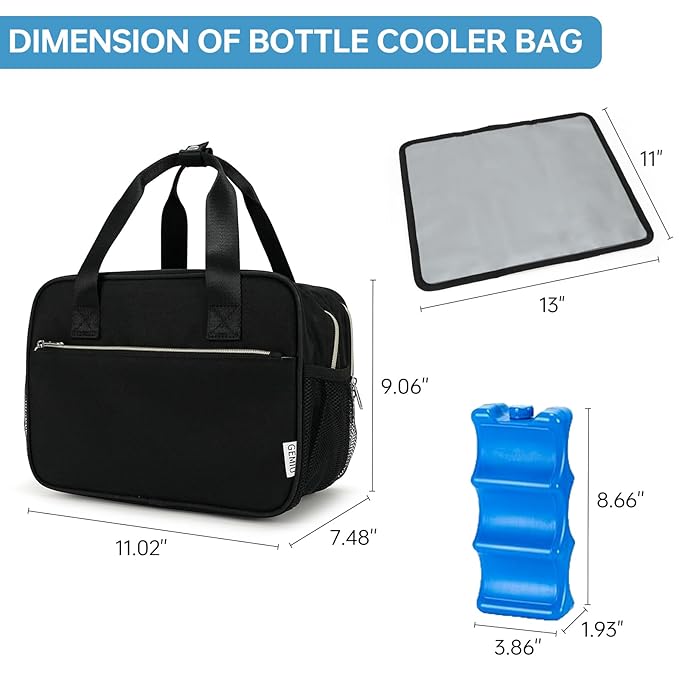 Breast Milk Cooler Bag with Ice Pack,Fits 6 Baby Bottles Up to 9 Ounce Breast Milk Cooler Travel Bag Compatible with Wearable Breast Pumps & Accessories for Nursing Mom Daycare Black