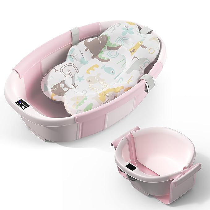Collapsible Baby Bathtub, 3s to Install, Baby Bath Tub with Soft Cushion & Thermometer, 0-36 Months Newborn Bathtub,Portable Travel Baby Tub, Pink